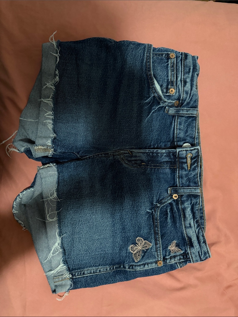 American Eagle Outfitters Dark Blue Denim Cutoff Shorts with Embroidered Accent